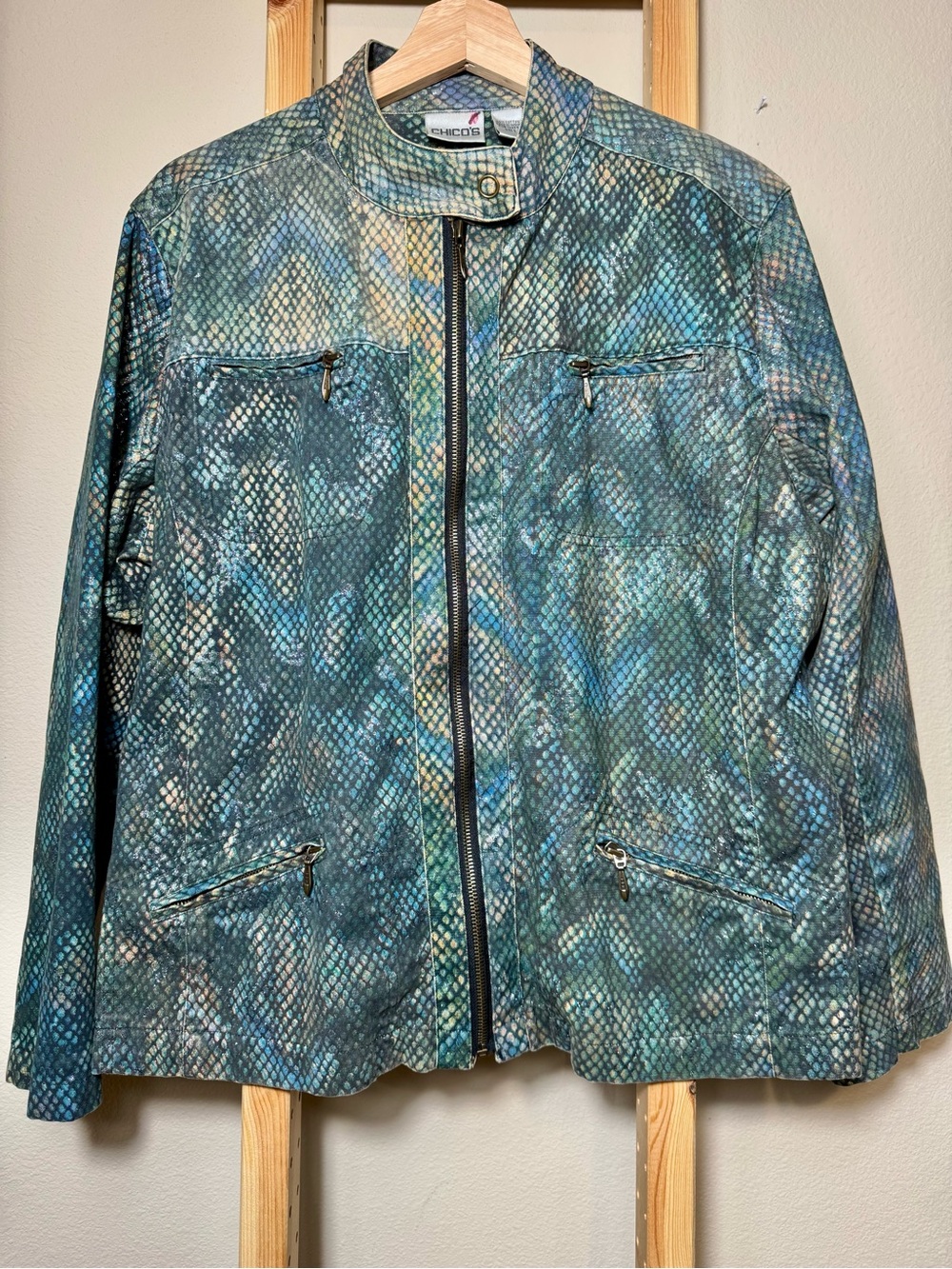 Chico's Metallic Snake Print Zipper Jacket Size 3 XL Blue Green